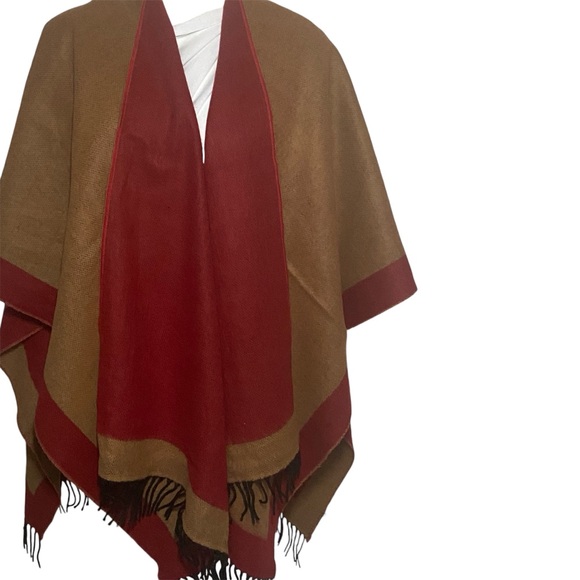 Pro Mod Made in France Soft Wrap Shawl Scarf Poncho Tan/Burgundy - Picture 2 of 5